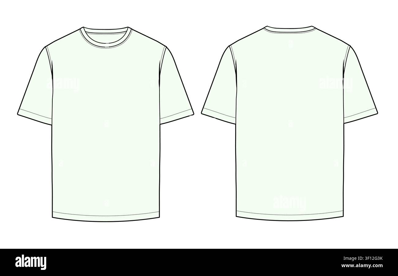 T-shirt front and back view vector design mockup template technical flat drawing. Stock Vector