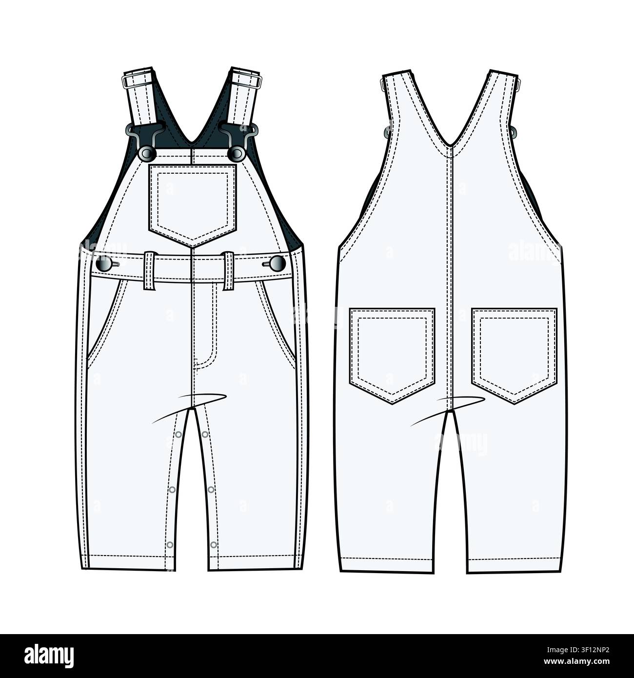 Baby overalls front and back view vector design technical flat drawing. Stock Vector