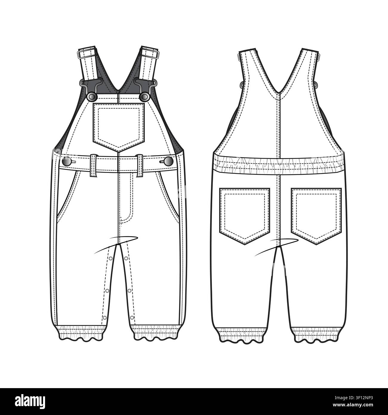 Kids overalls front and back view mockup template vector design. Stock Vector