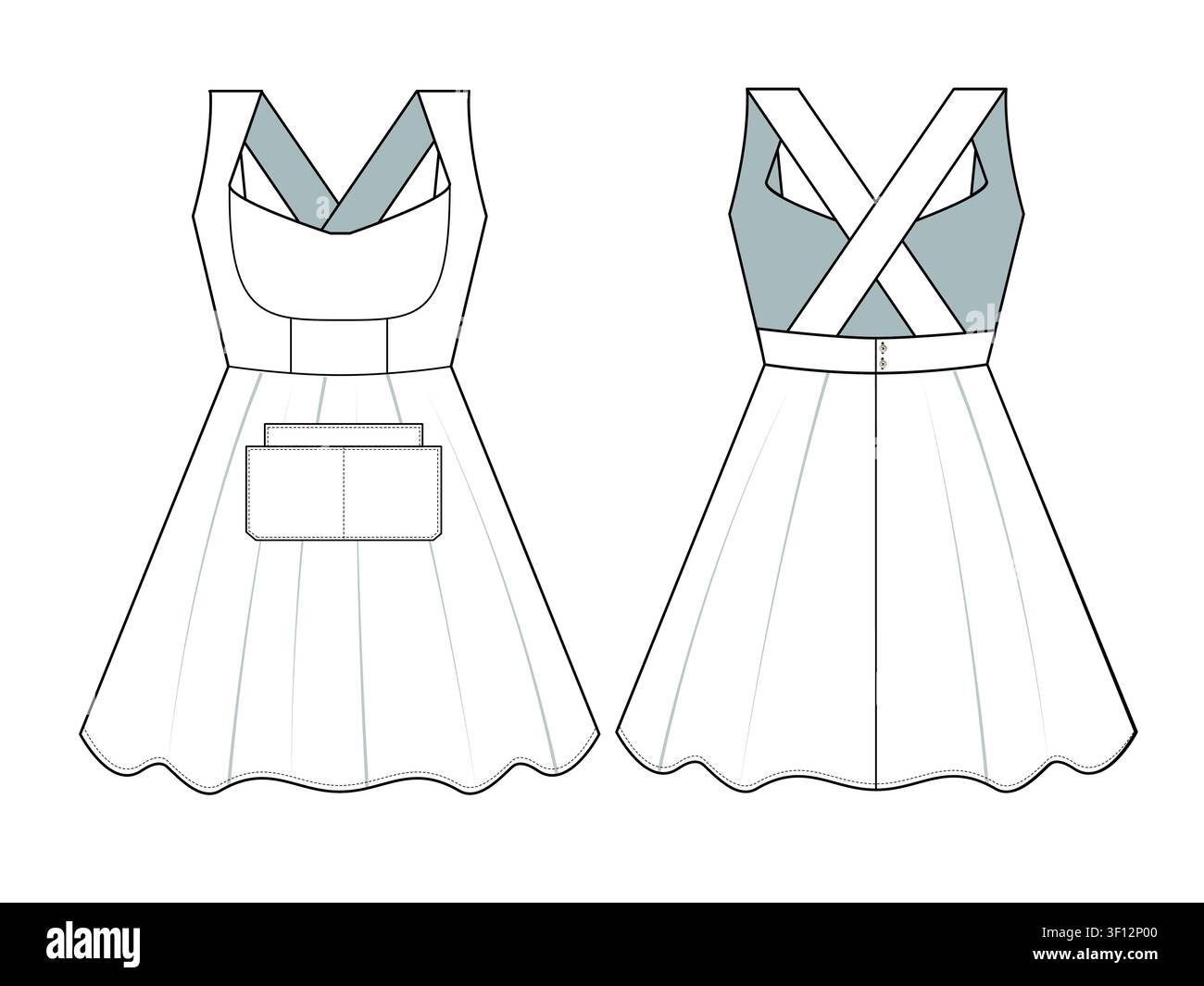 Princess apron front and back view flat sketch vector mockup template technical illustration. Stock Vector