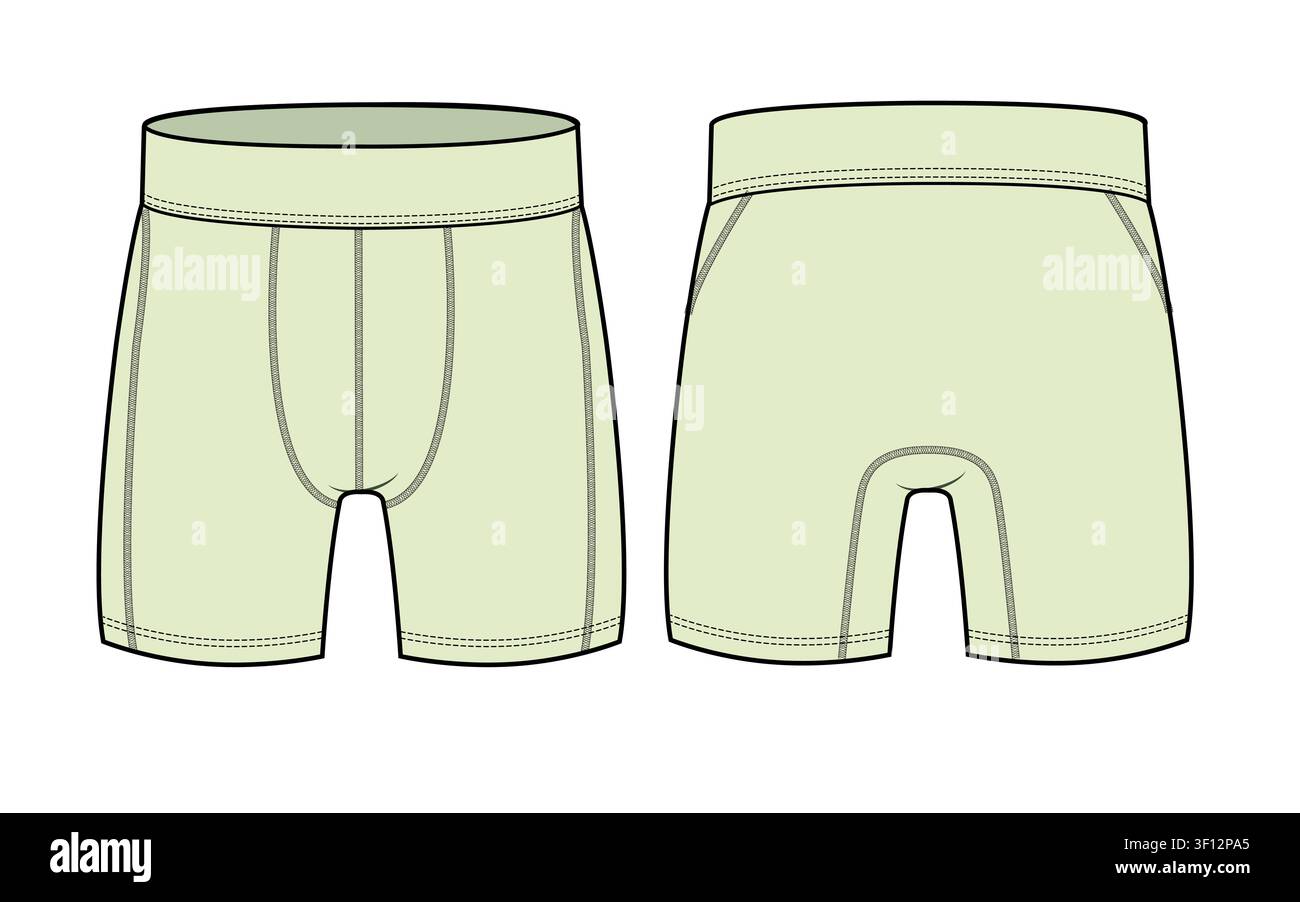 Men’s boxer briefs front and back view design technical flat sketch vector mockup template. Stock Vector