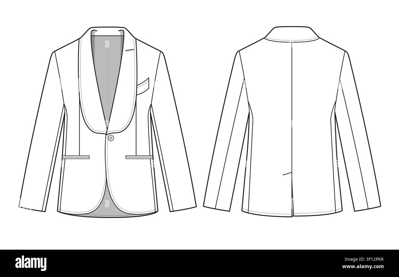 Kids shawl collar tuxedo jacket front and back view technical flat design vector mockup template. Stock Vector