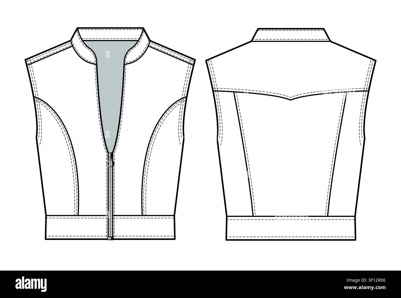 Women’s denim vest front and back view technical drawing vector template. Stock Vector