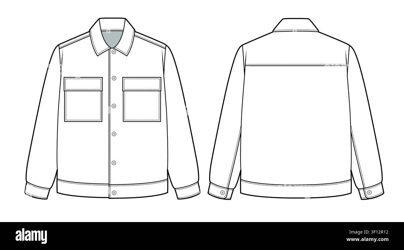 Men’s work jacket front and back view vector design mockup template technical flat drawing. Stock Vector