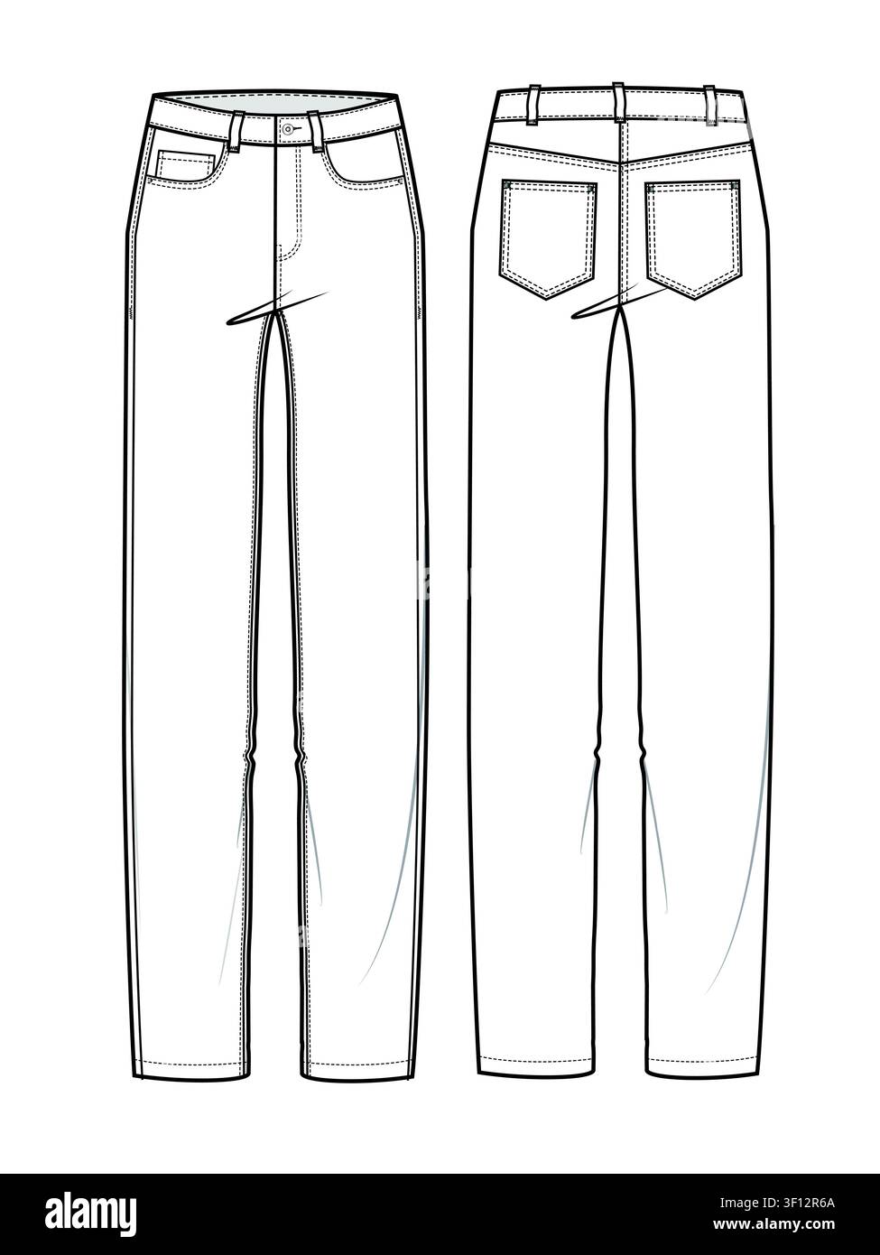 Women’s denim vest front and back view technical drawing vector template. Stock Vector