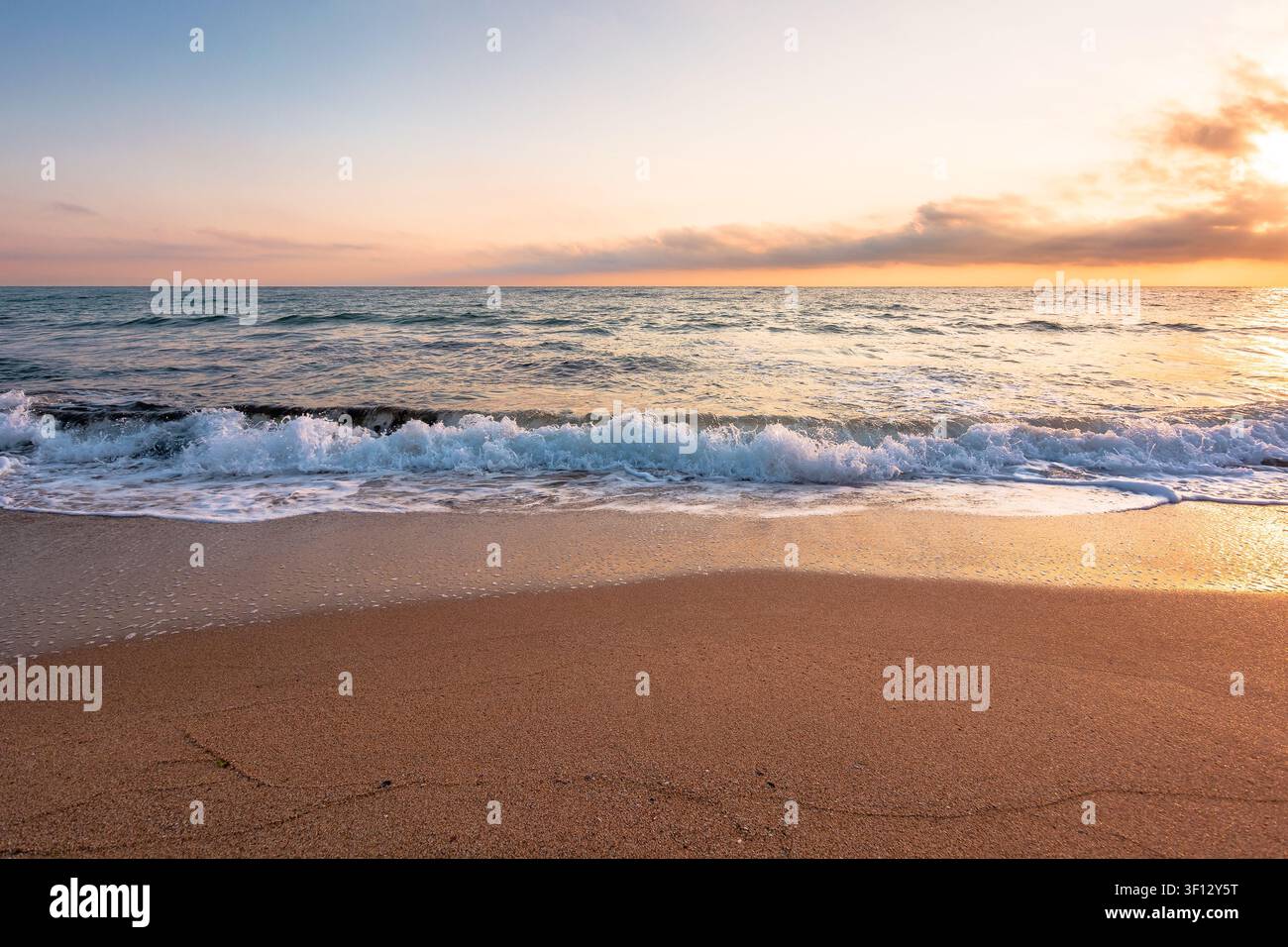 black sea landscape on a summer morning. bulgaria nature landscape with sandy beach. summer vacation at the sea shore concept. calm waves and empty be Stock Photo