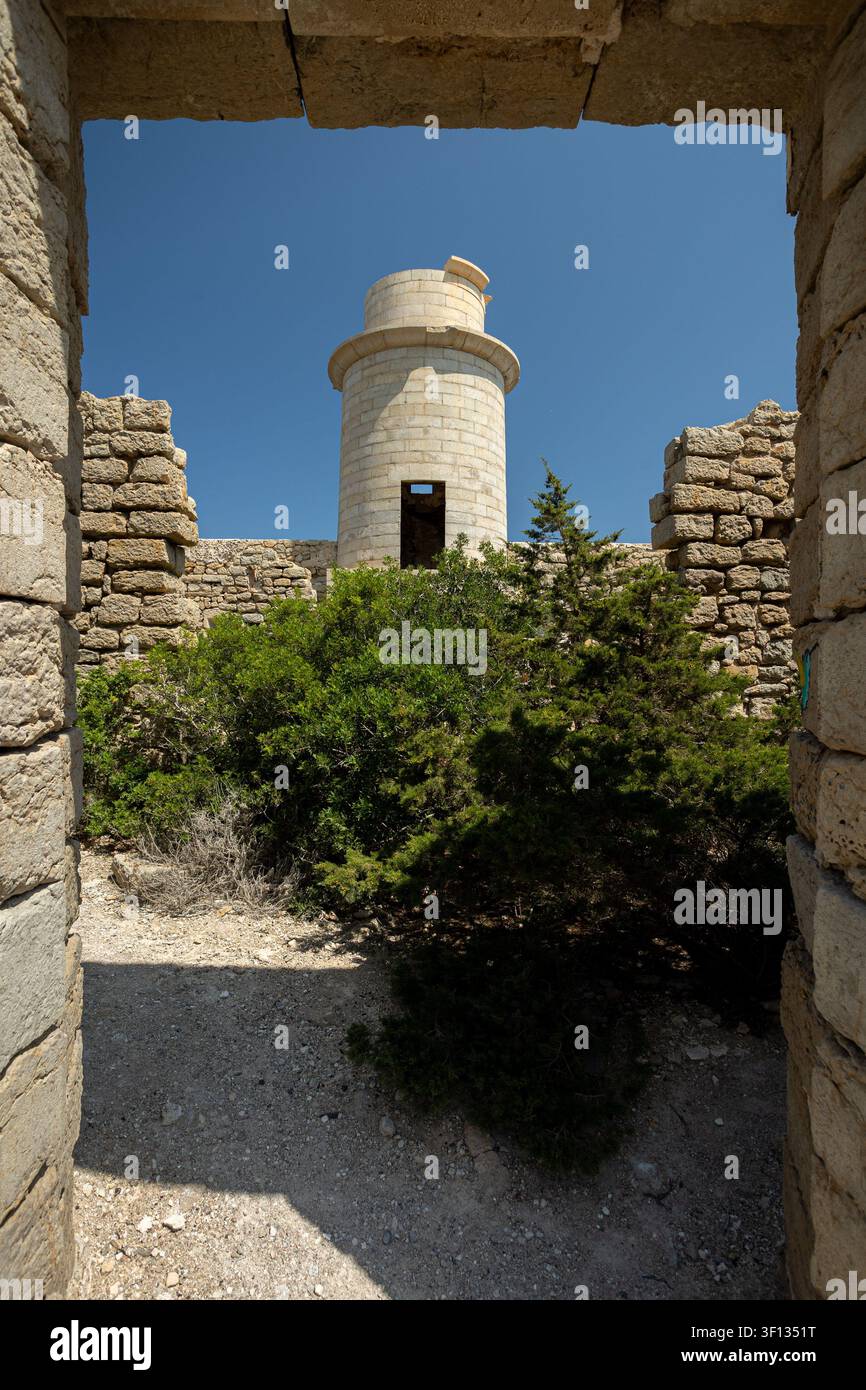 Abandoned Lighthouse Ruins with Distant Tower Against Blue Sky Stock Photo