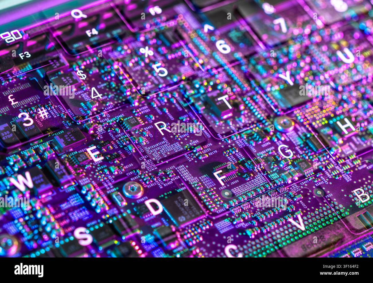 Computer hardware. Inside a laptop computer showing computer chips and electronics. Stock Photo
