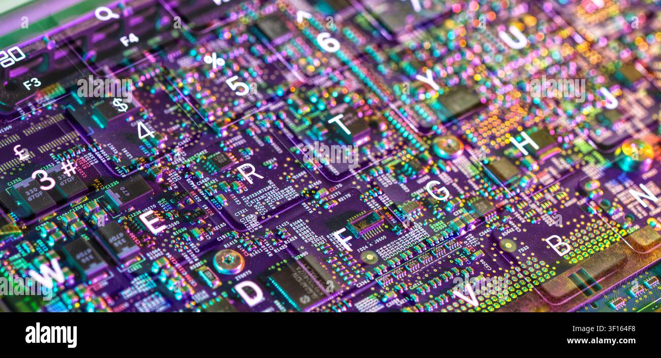 Computer hardware. Inside a laptop computer showing computer chips and electronics. Stock Photo