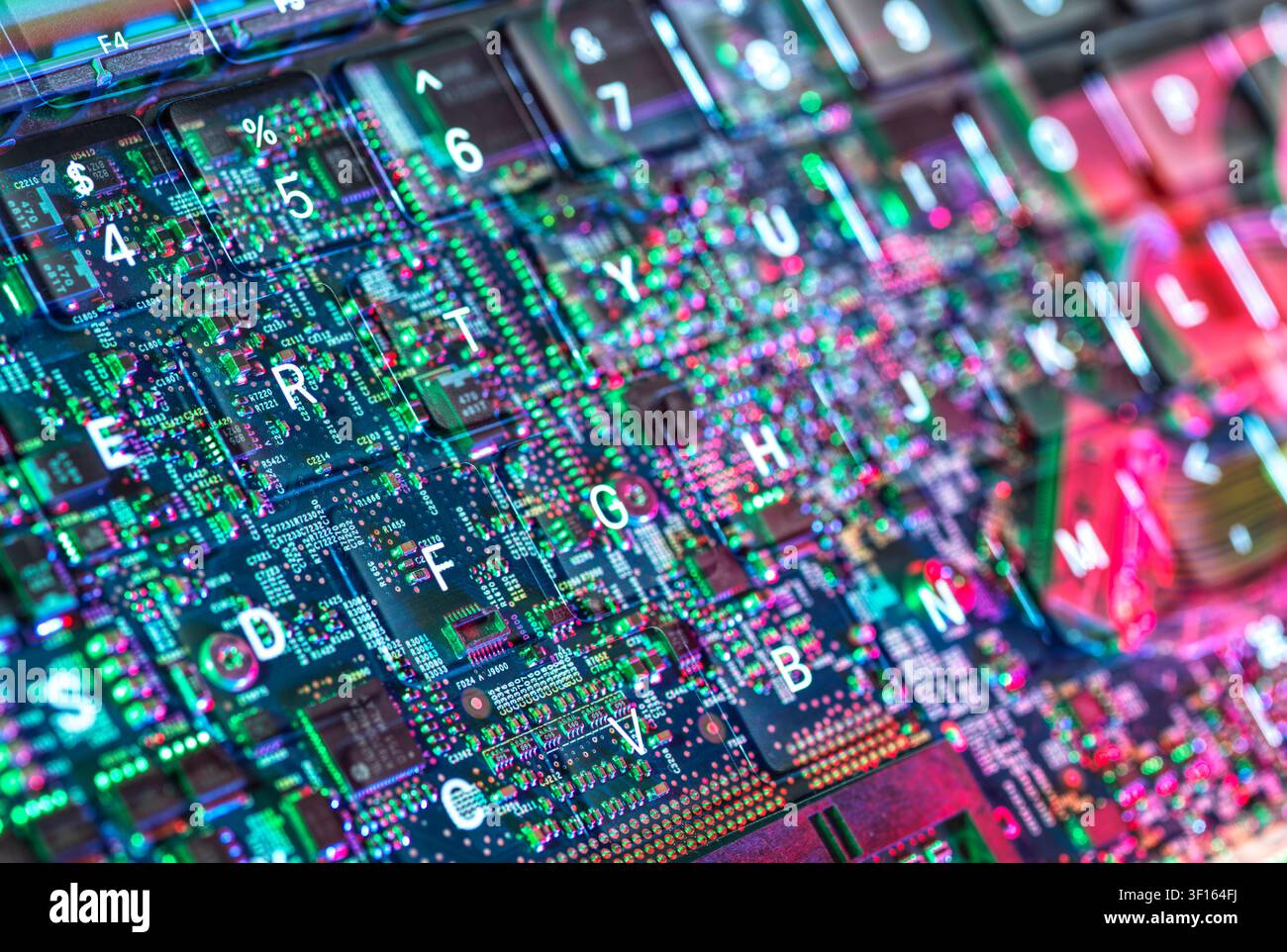 Computer hardware. Inside a laptop computer showing computer chips and electronics. Stock Photo