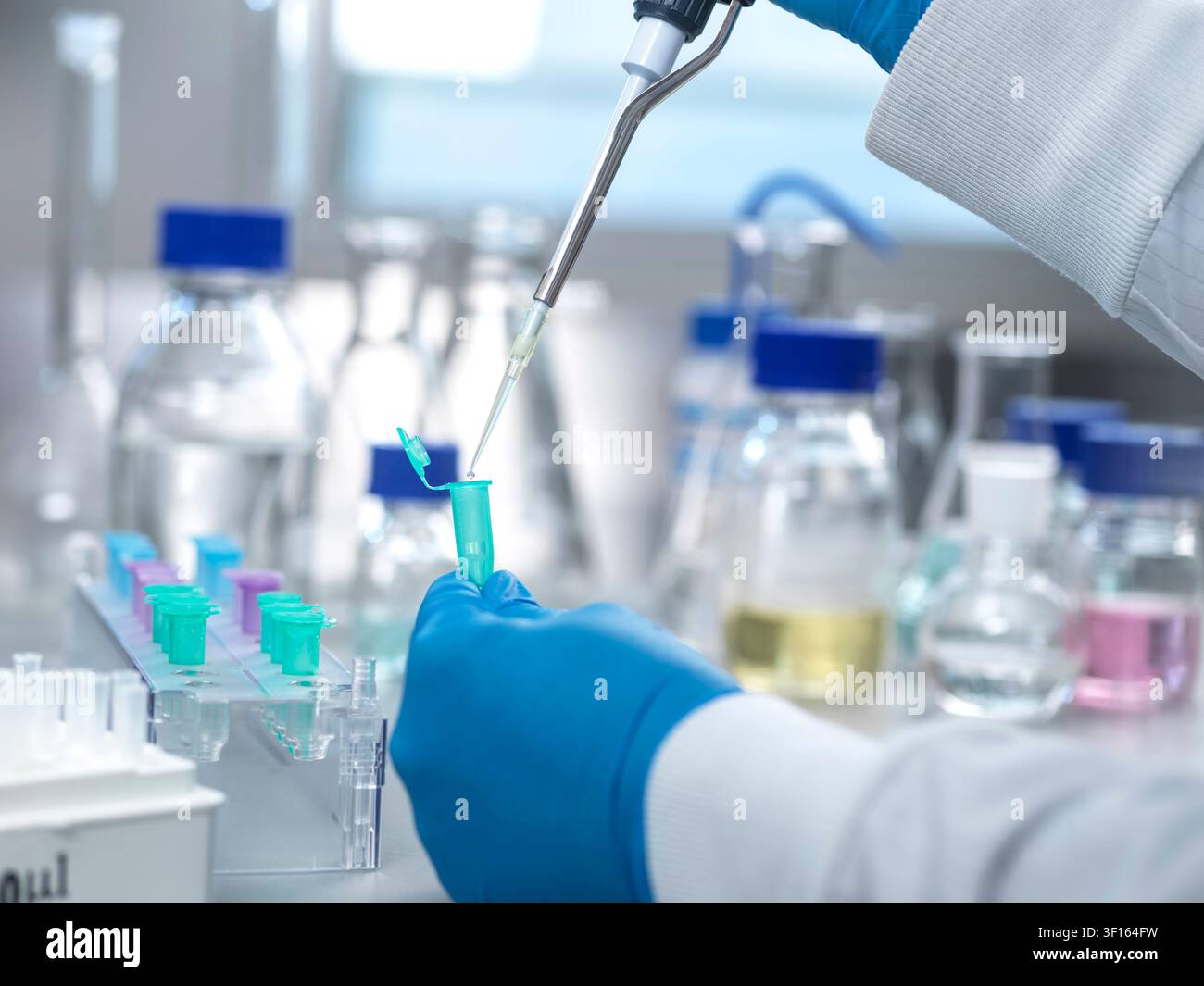 Genetic research, conceptual image. Scientist extracting samples using a pipette for analytical testing in the lab. Stock Photo