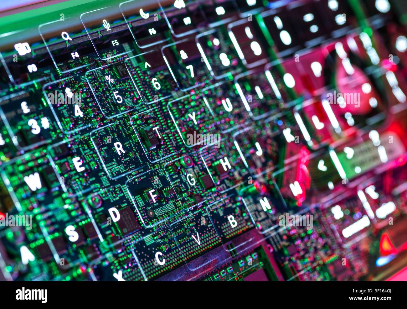 Computer hardware. Inside a laptop computer showing computer chips and electronics. Stock Photo