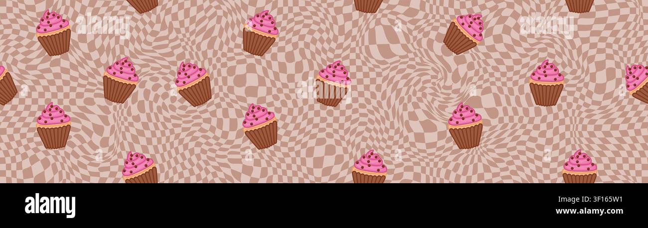 Playful pattern with pink cupcakes on brown distorted checkerboard grid featuring wavy lines. Stock Vector