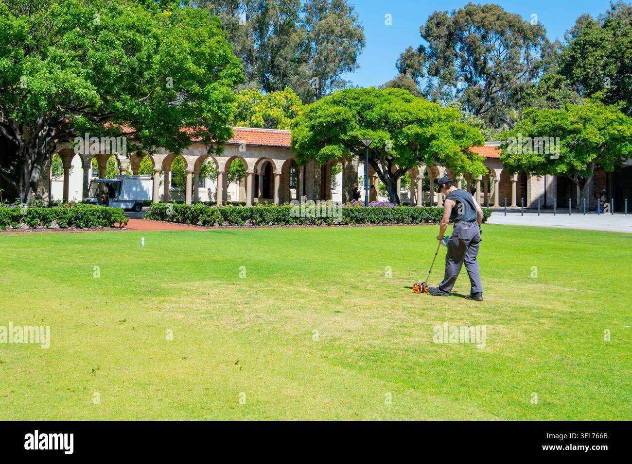 Worker Using a Surveyor's Wheel on the Grass Stock Photo