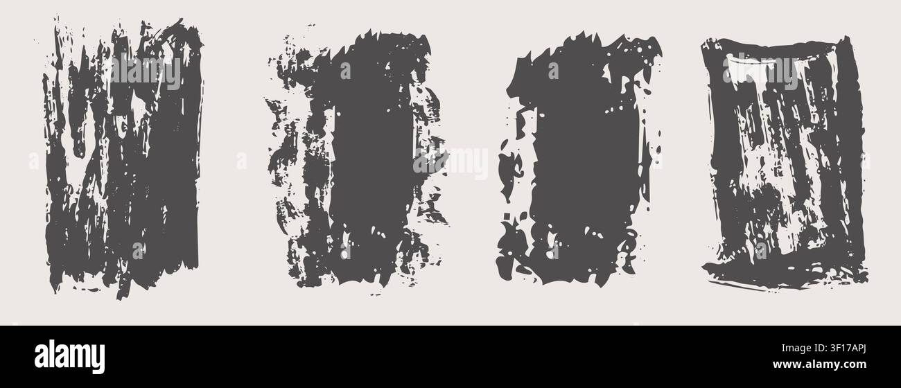 Linocut print with grunge ink texture and rough roller marks creates an authentic printmaking frame. Set vintage rectangle borders. Wide stripes rough textures. Vector illustration Stock Vector