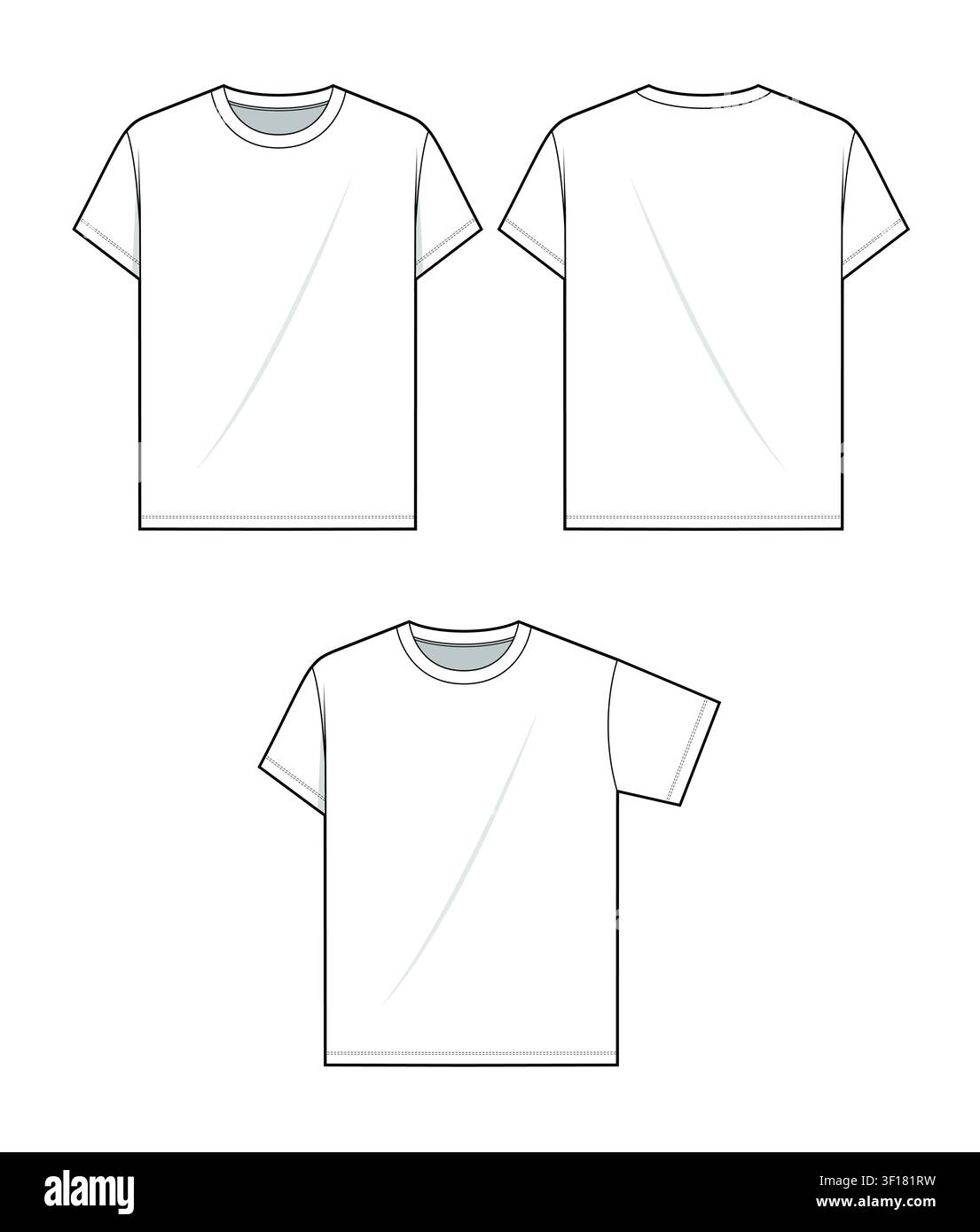 Basic t-shirt front and back view design technical flat sketch vector mockup template. Stock Vector