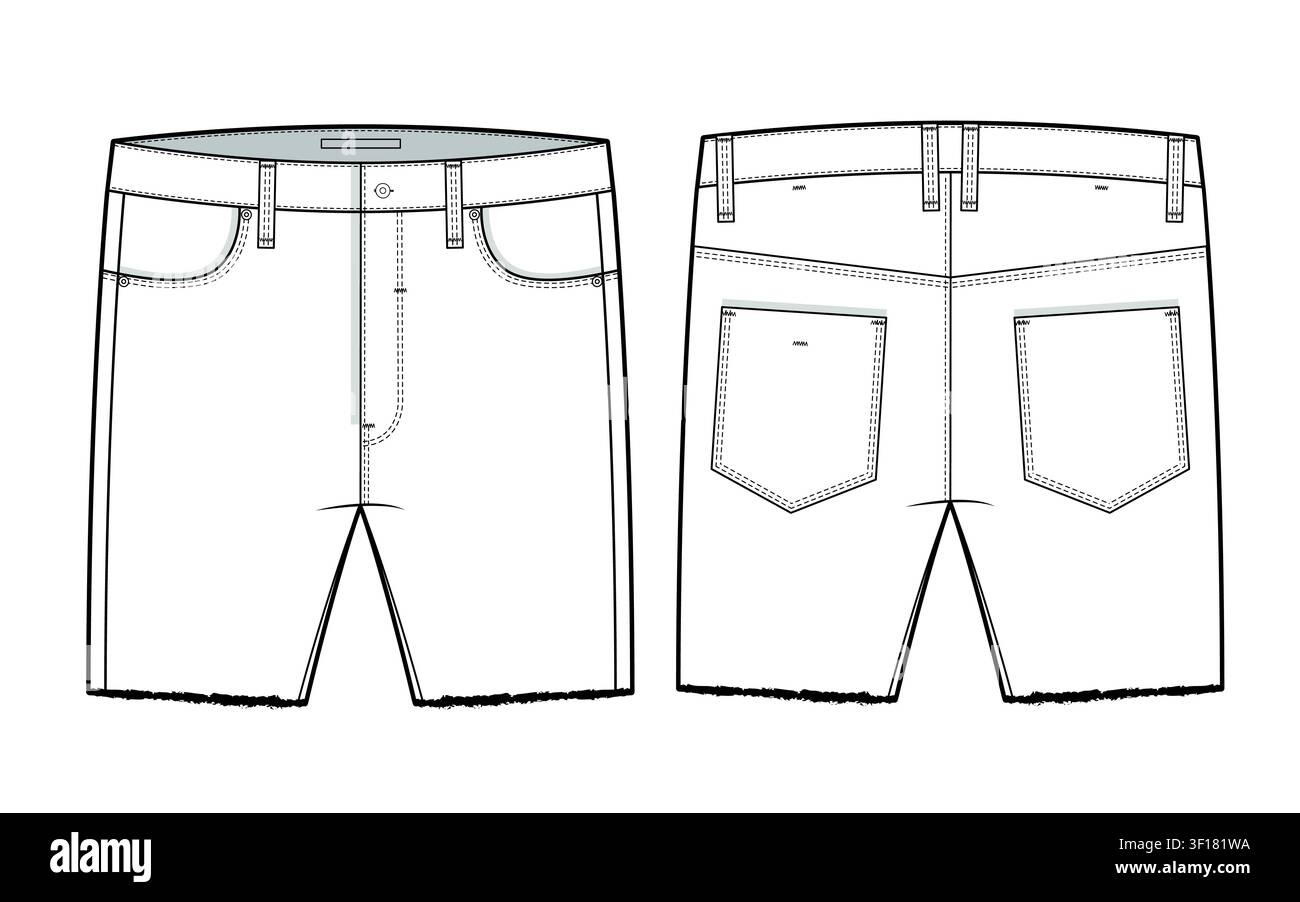 Men short jeans pant technical flat sketch vector mockup template. Stock Vector