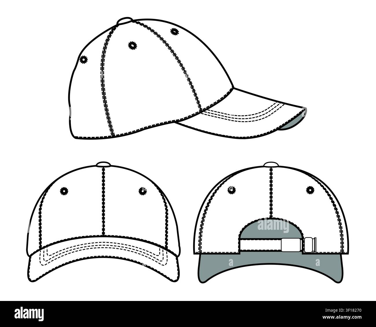 Baseball caps technical illustration vector mockup template. Stock Vector