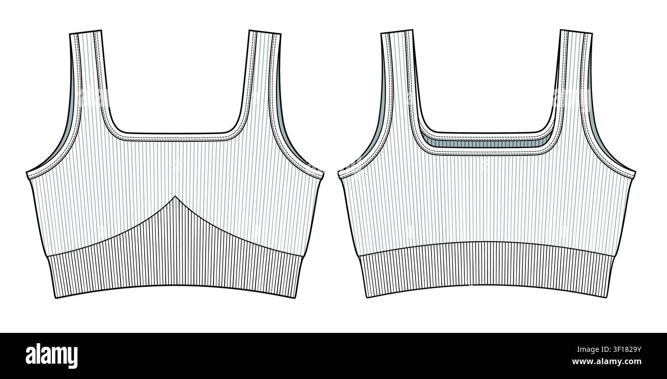 Sport bra technical flat sketch vector mockup illustration. Stock Vector
