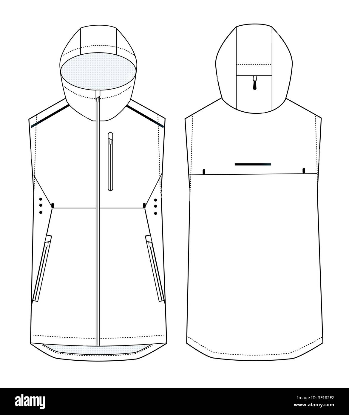 Sleeveless ski jacket design technical flat sketch vector mockup template. Stock Vector