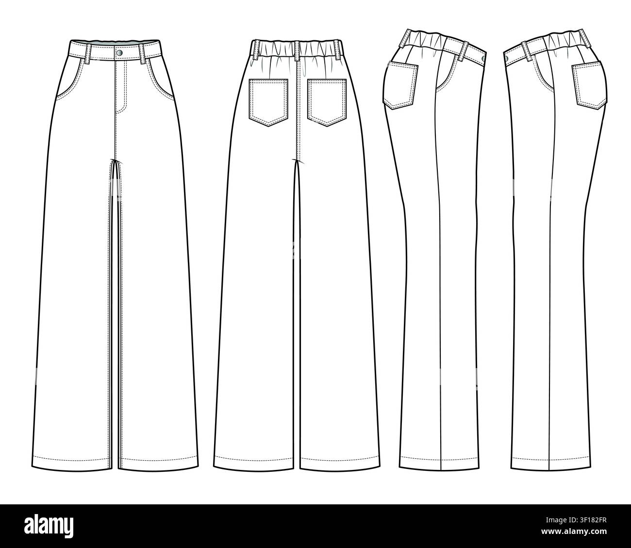 Female trouser front, back and side view vector design mockup template technical flat drawing. Stock Vector