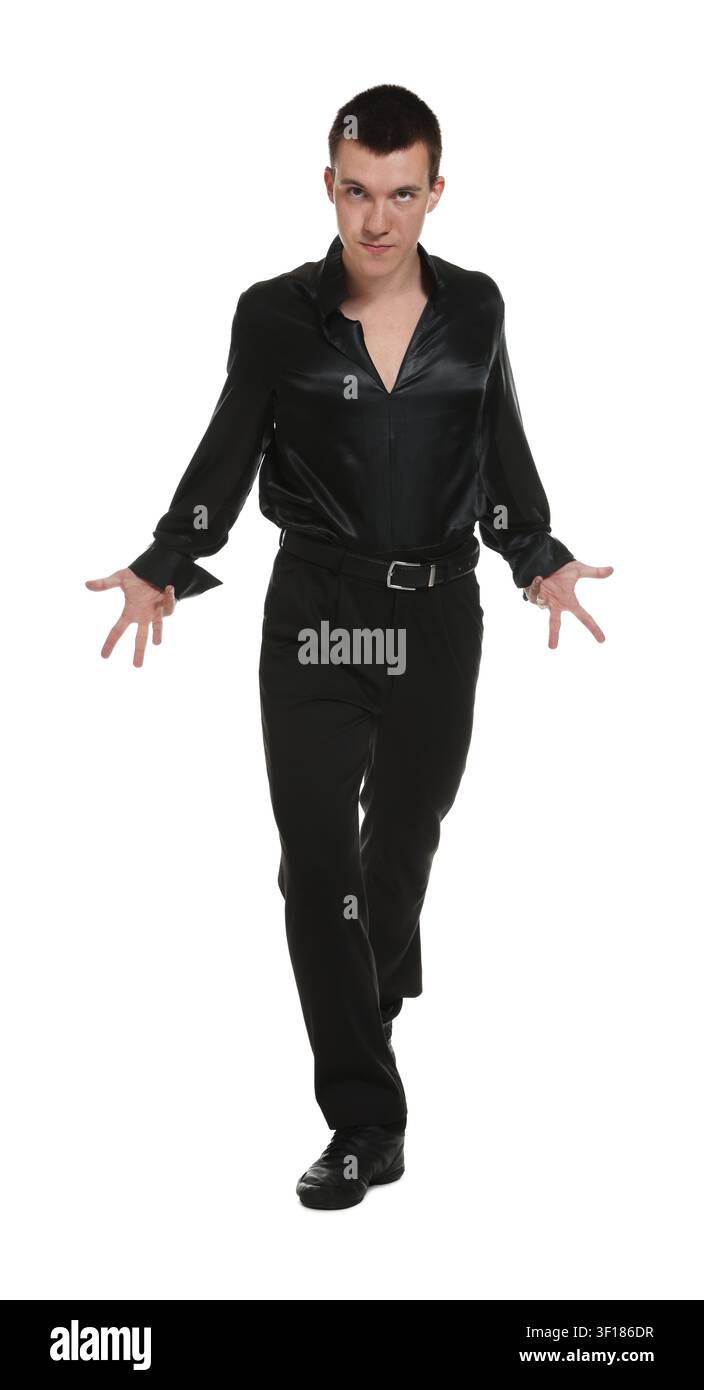 Professional dancer practicing moves on white background Stock Photo