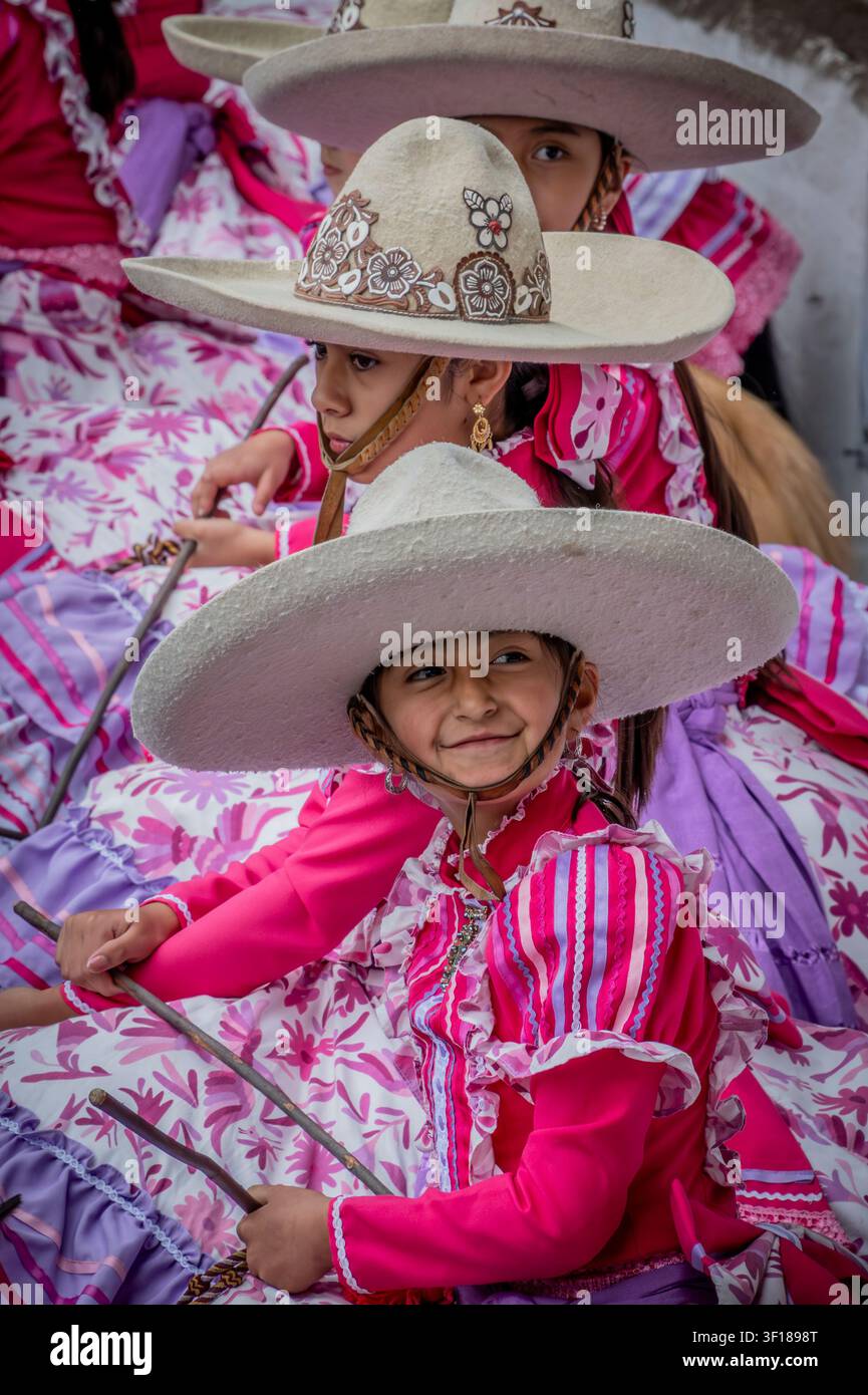 A portrait of  Charra or female riders at an Escaramuza in Mexico City, Mexico Stock Photo