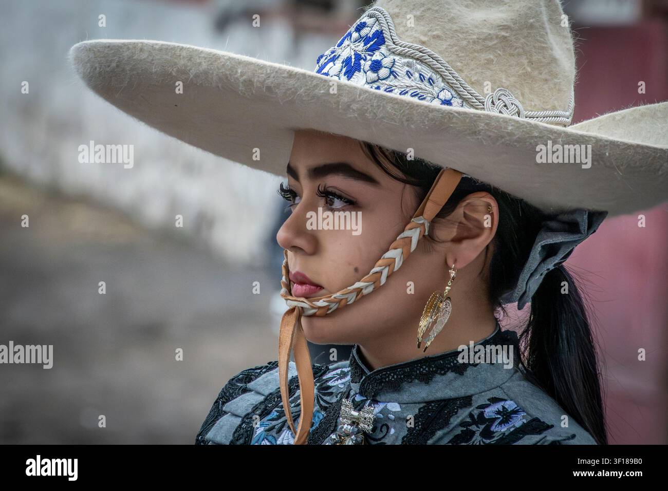 A portrait of a Charra or female rider at an Escaramuza in Mexico City, Mexico Stock Photo