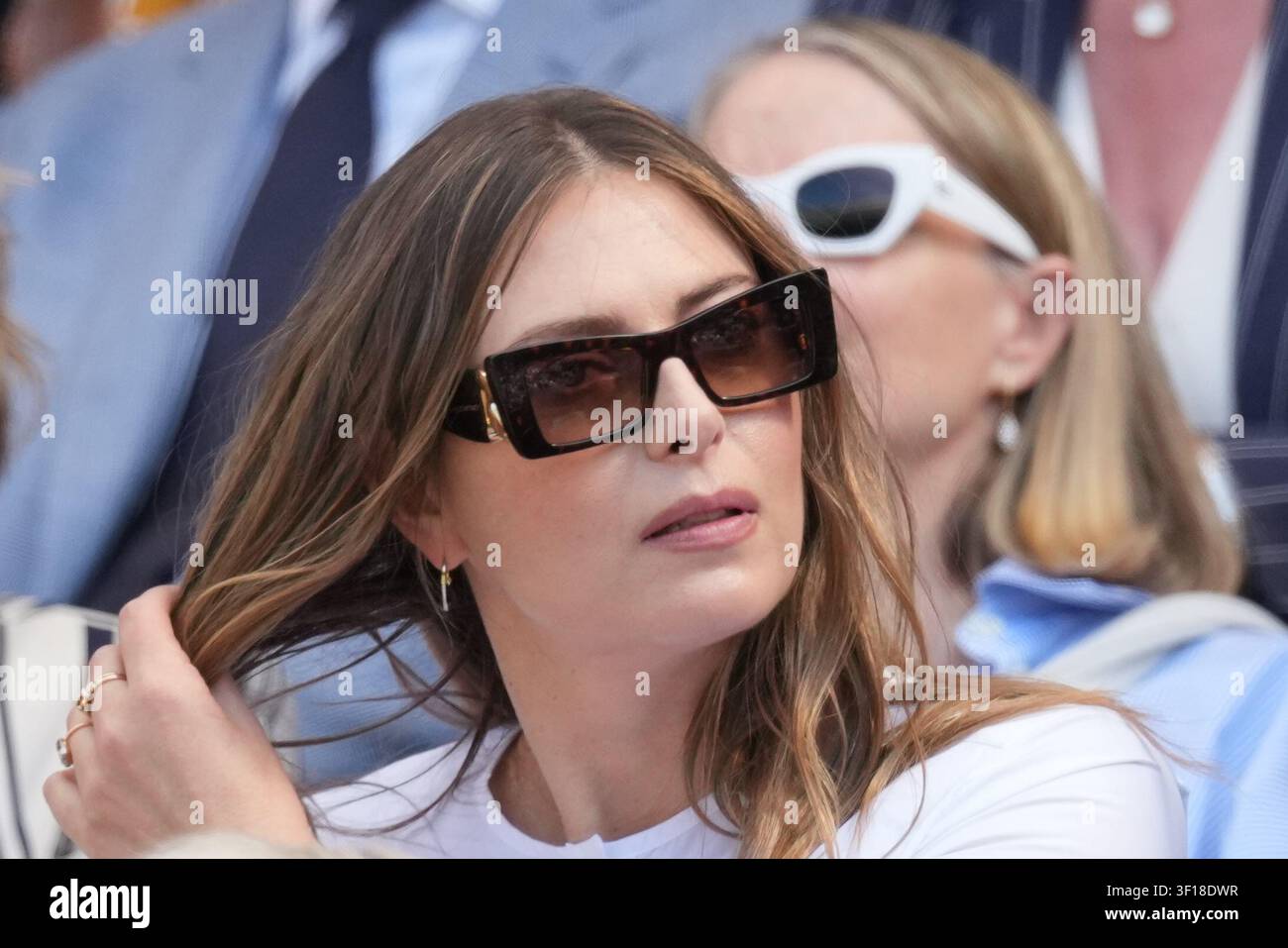 Former tennis player Maria Sharapova sits in the Royal Box on day 13 of the Wimbledon Tennis Championships in London, Saturday, July 11, 2026. (Photo by Dave Shopland/Invision/AP) Stock Photo