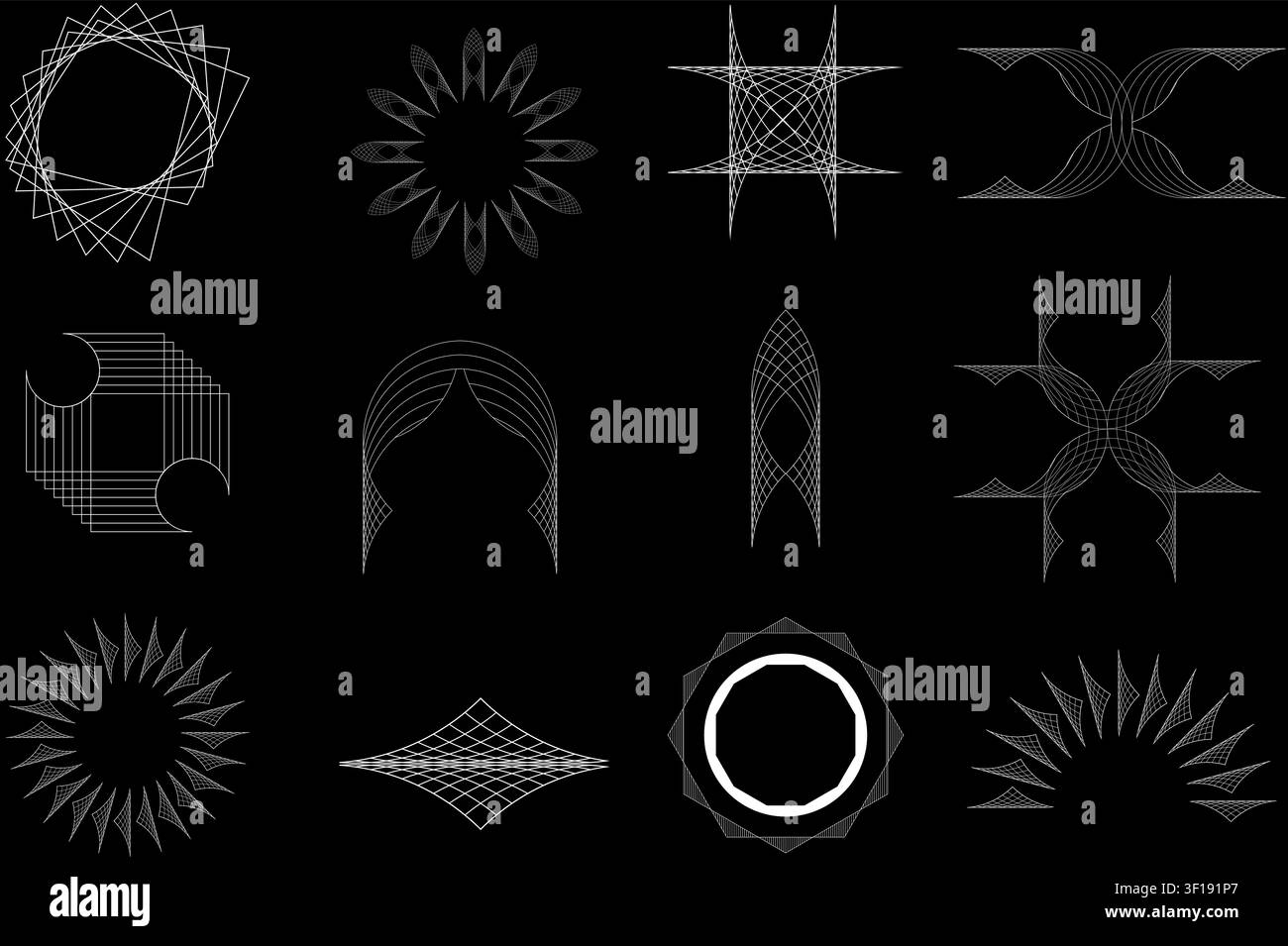 Abstract Geometric Wire Line Shape Set Vector Collection Black White Minimal Sacred Mandala Star Arch Grid Pattern Graphic Design Element Bundle Stock Vector
