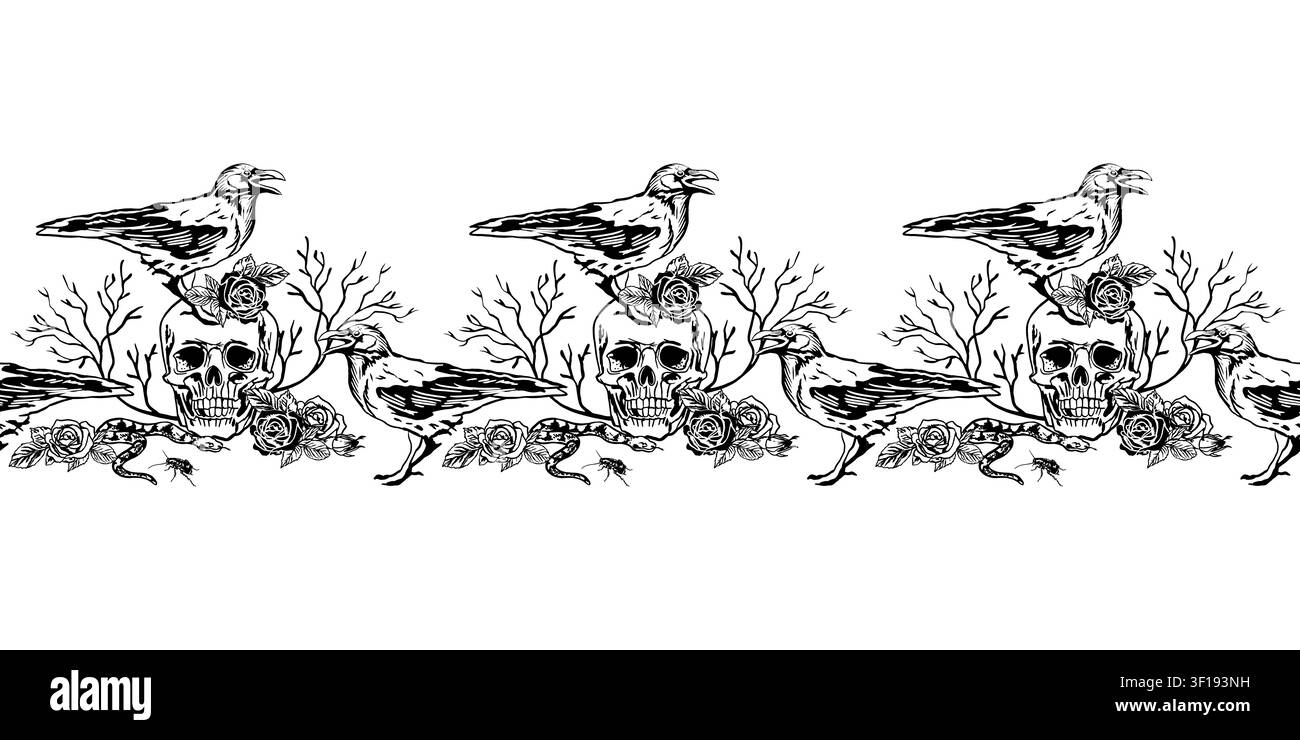 Halloween seamless border with human skulls, crows, roses, snakes and branches. Hand drawn vector illustration in a graphic style. Black ink clip art Stock Vector