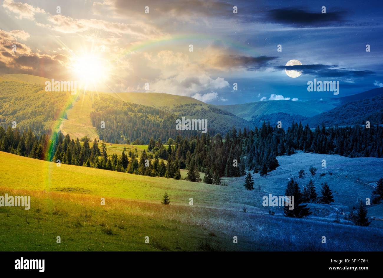 mountainous countryside landscape in summer. day meet night. sun and moon over view of green rural scenery with grassy pastures and rolling forested h Stock Photo