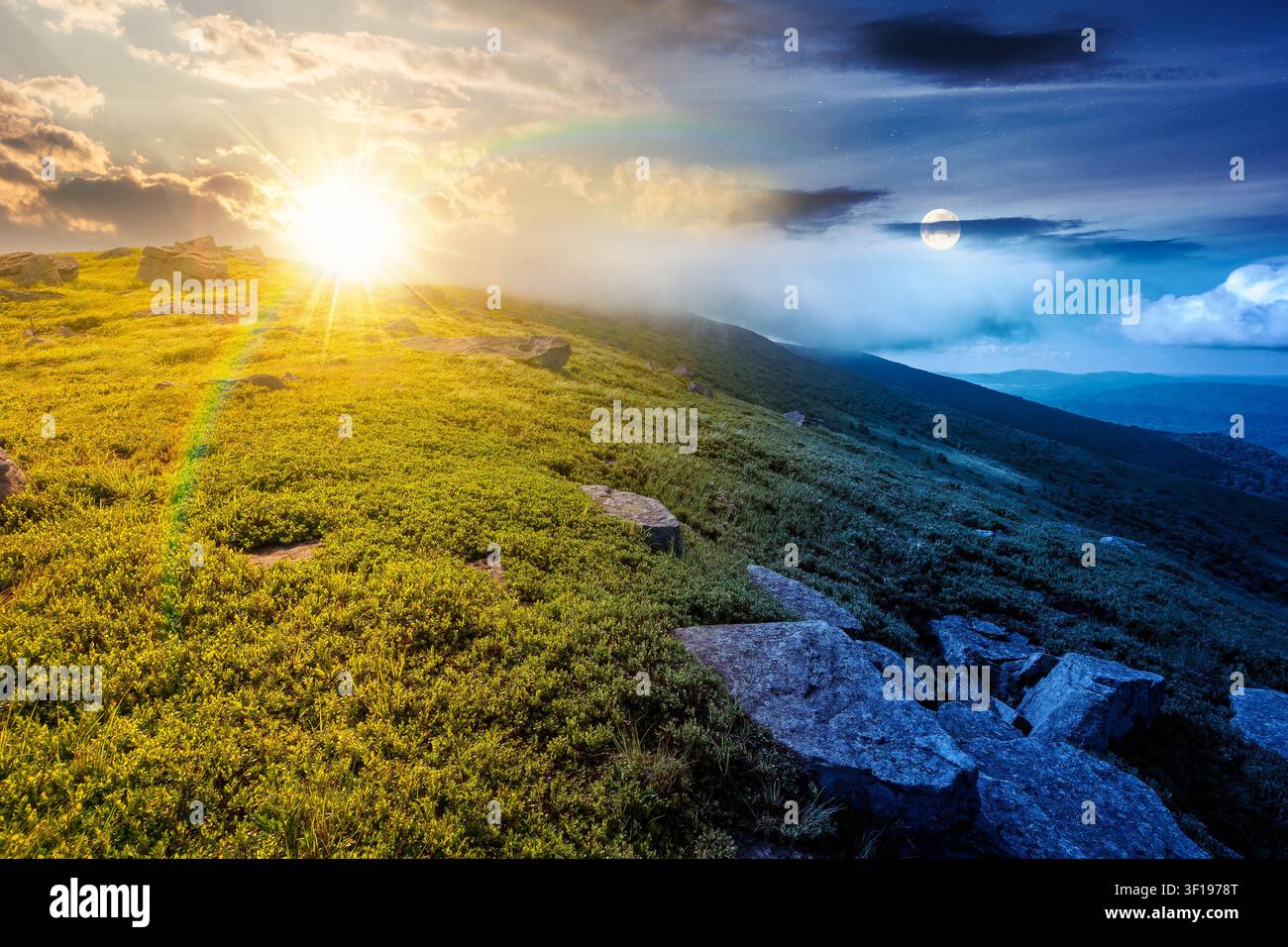 nature scenery with mountain under summer sky. day meet night. sun and moon over alpine landscape of carpathian mountain with grassy slopes. low fluff Stock Photo