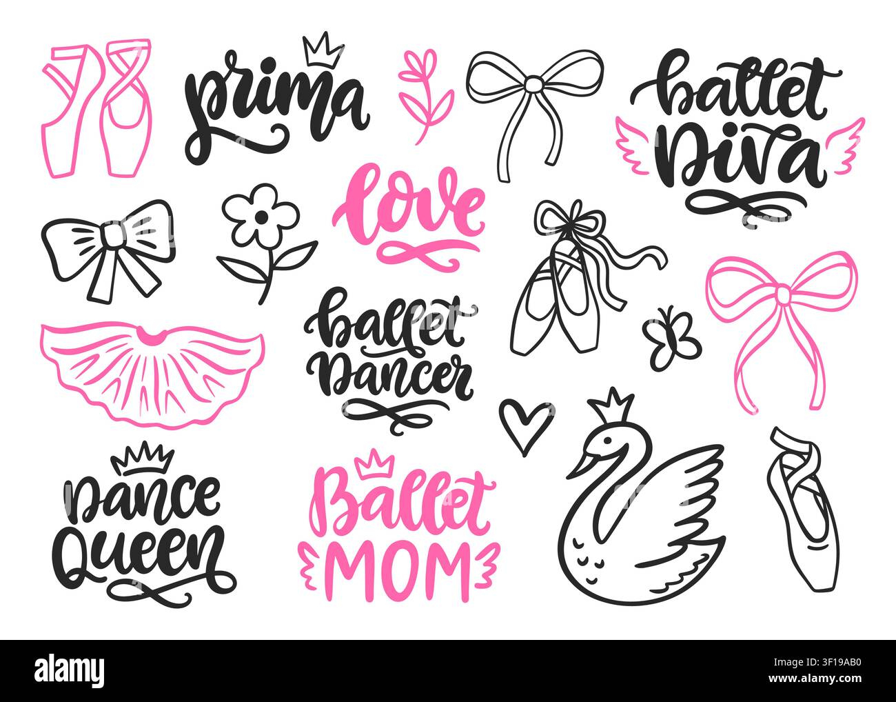 Ballet vector with ballerina element lettering set Stock Vector