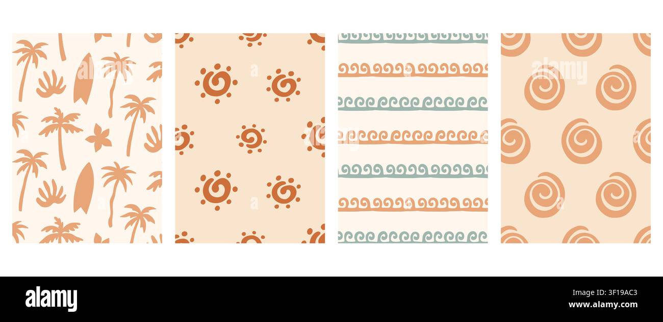 Tropical summer palm trees, sun vector pattern set Stock Vector
