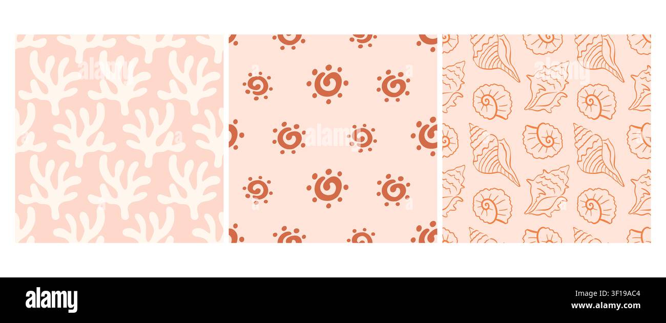 Boho beach pattern set with coral, sun, shells Stock Vector