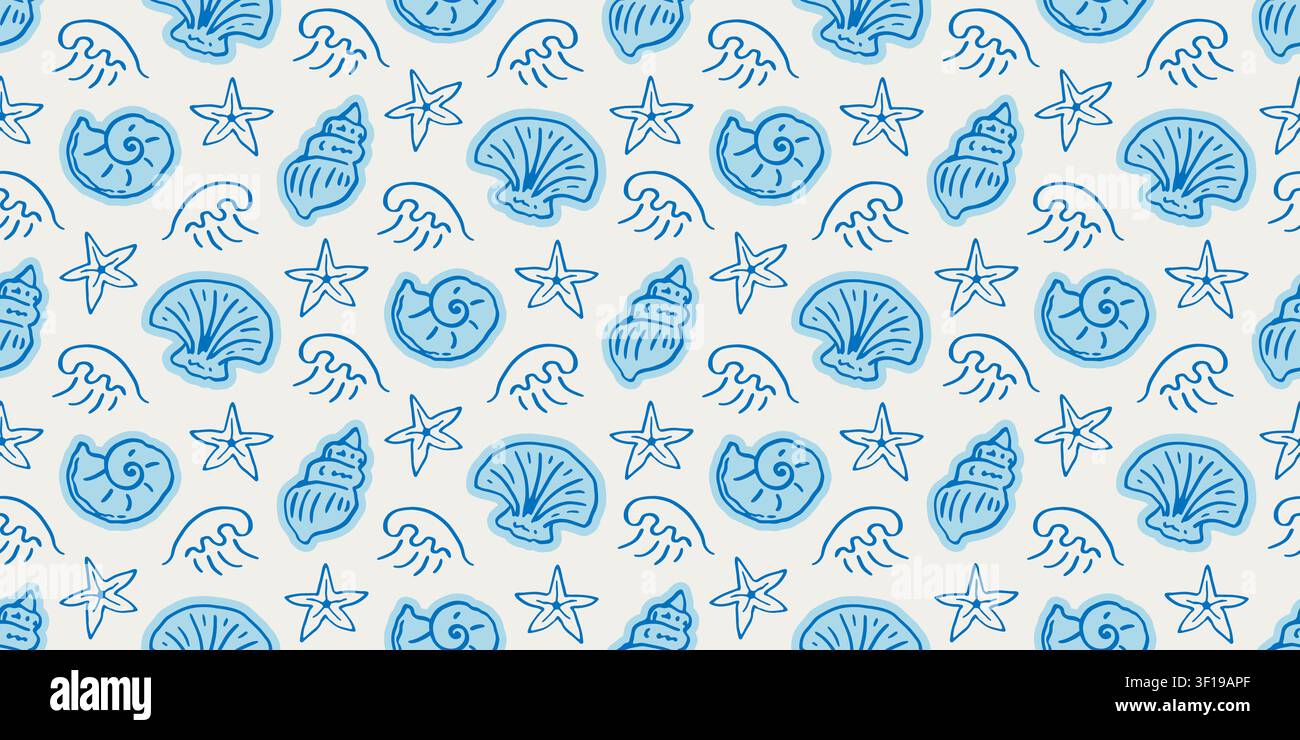 Blue coastal vector sea, ocean seamless pattern Stock Vector