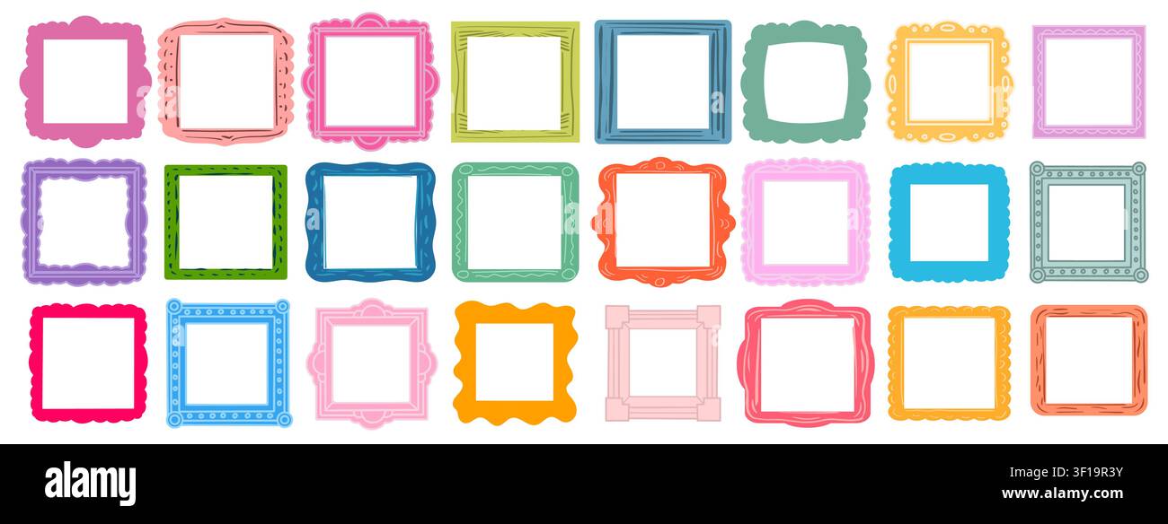 Kid vector square photo frame for photos or pictures. Cute border for children. Scrapbook cartoon design concept. Handdrawn doodle vector set.  Stock Vector