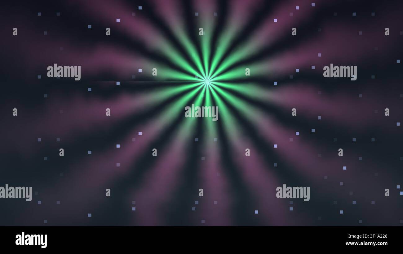 A starburst pattern with rays extending outwards. The colors blend from green to purple, creating a dynamic design. Small squares float in the backgro Stock Photo