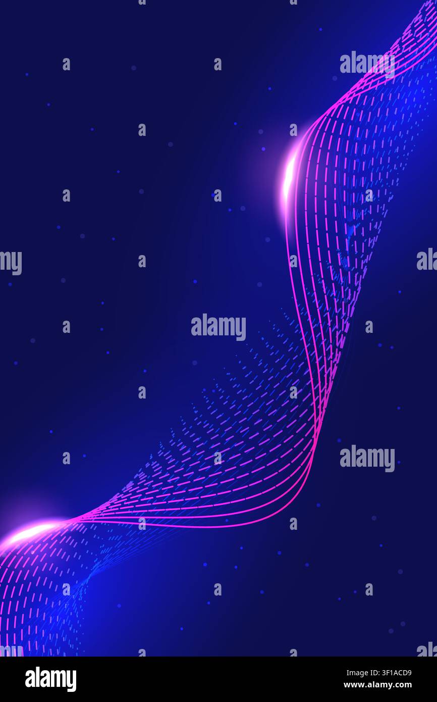 Abstract futuristic neon pink 3D wave lines background, dynamic digital big data flow on dark blue space backdrop. Stock Vector