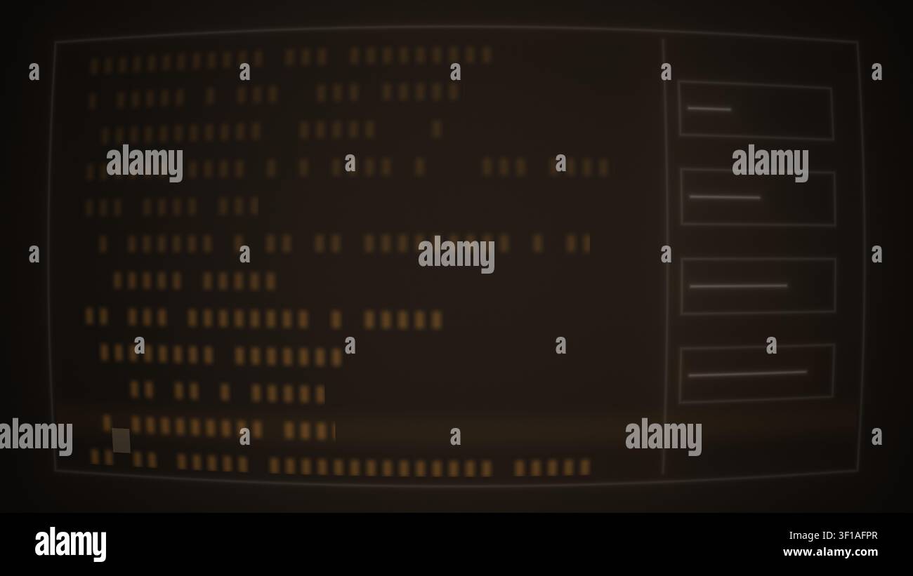 A dark screen displays glowing text and binary code in a structured layout. The background creates a tech-inspired atmosphere, suitable for digital th Stock Photo