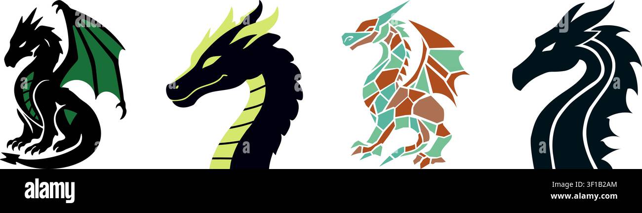 A fantasy illustration set featuring stylized dragon designs. Stock Vector