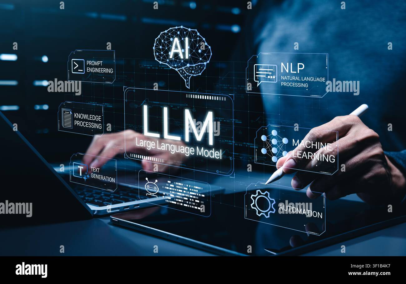 LLM large language model. generative AI technology. chatbot artificial intelligence. developer using prompt engineering, NLP natural language process Stock Photo