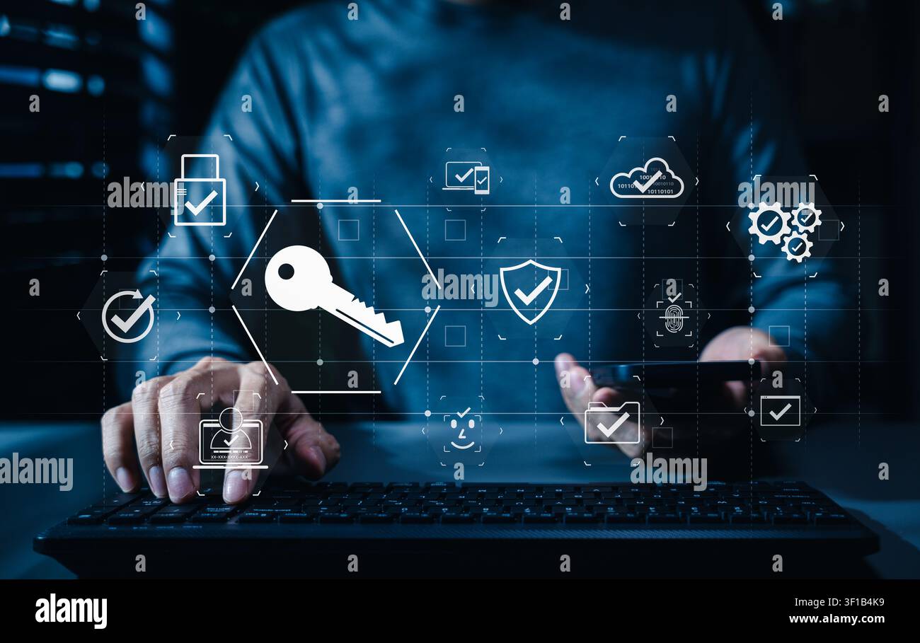 Encryption key passkeys. Secure passwordless authentication technology. digital access key, cloud verification, identity check, lock protection, Stock Photo