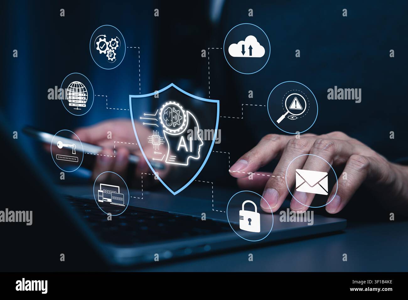 AI cybersecurity protection concept. Man using laptop, shield interface, threat detection, access control, cloud security, data privacy, email protect Stock Photo