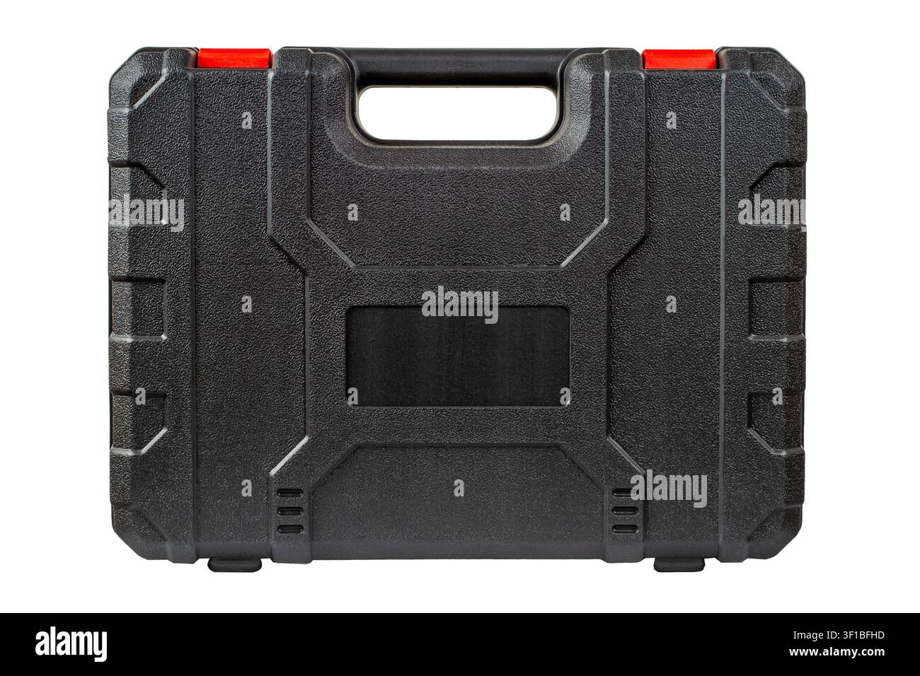 Modern plastic tool case on a white background. Close-up closed case, side view. Stock Photo