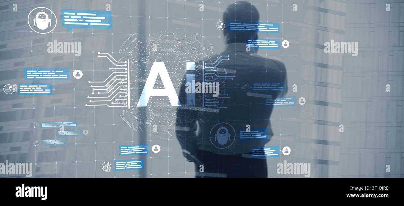 Artificial intelligence platform for business communication with chatbot and digital interaction elements Stock Photo