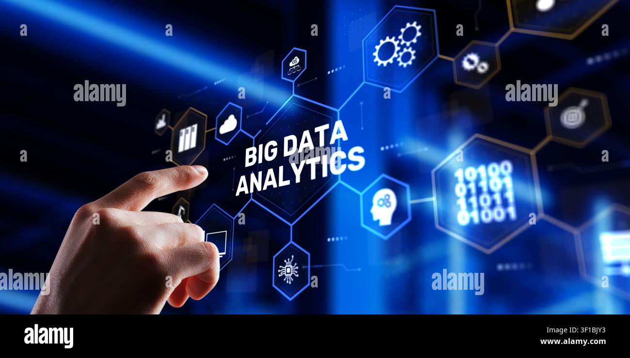 Big data analytics platform for business intelligence and data-driven decision making with interactive digital interface Stock Photo