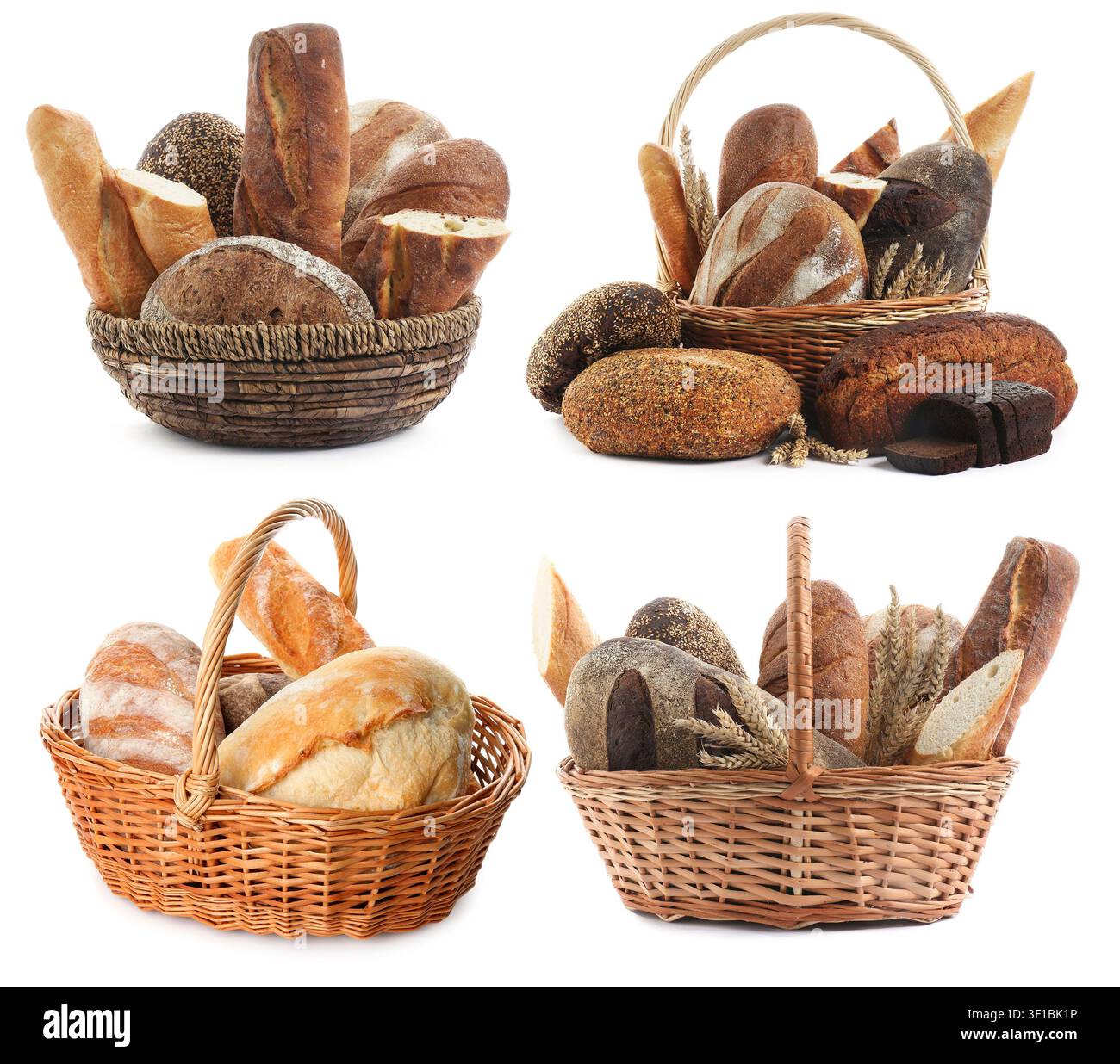 Bread in wicker baskets isolated on white, set Stock Photo