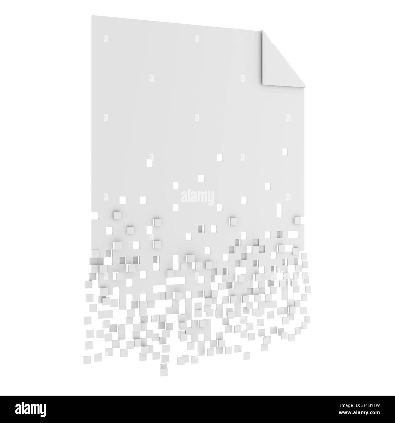 Blank document dissolving into square pixels, representing file deletion, corrupted data, information loss and digital document destruction, 3d render Stock Photo